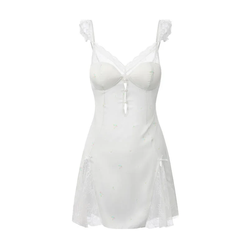 Sexy Satin Women Sleepwear Nightgown Print Sleeveless Home Wear Mini Length Lace V Neck Night Gowns Intimate Ligerie Nightwear