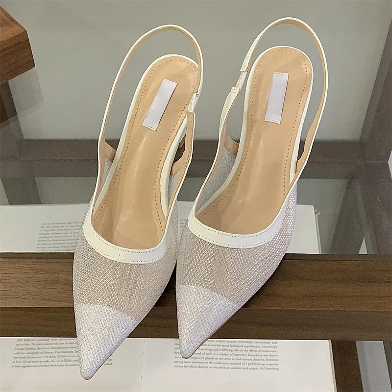 

Aneikeh White Elegance Fashion Hollow Out Mesh Women Pumps Sexy Pointed Toe Designer Low Heels Slingback Sandals Ladies Shoes