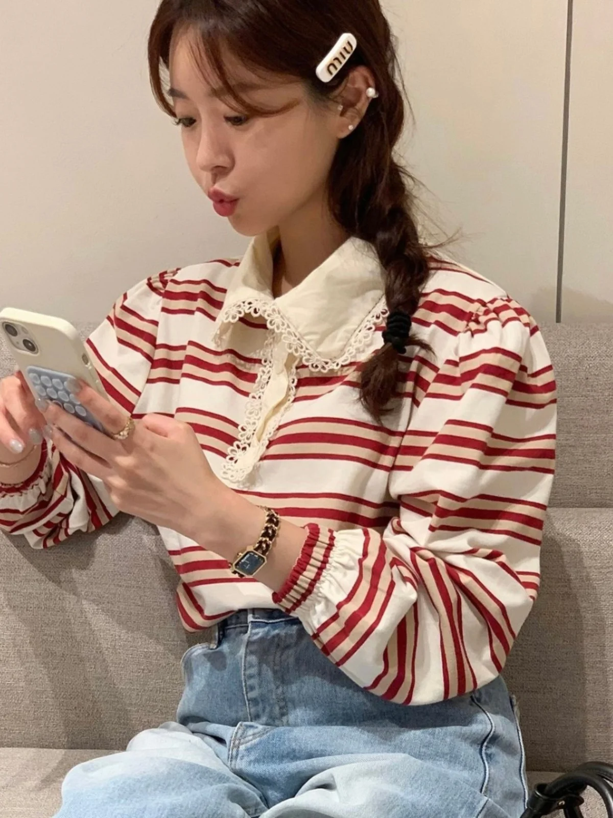 Ruche gestreept lang Sve ort Sweatshirt Dames Design Sense Jeugdige poppenkraag Bubble Sve Koreaanse Sle Koreaanse versie