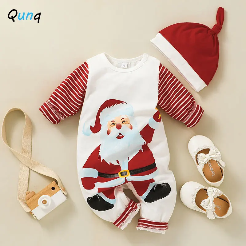 

Qunq 2023 Autumn New Baby Girls Christmas Costume Striped Print Splice Romper + Cap 2 Pieces Set Causual Kids Clothes Age 0-2T