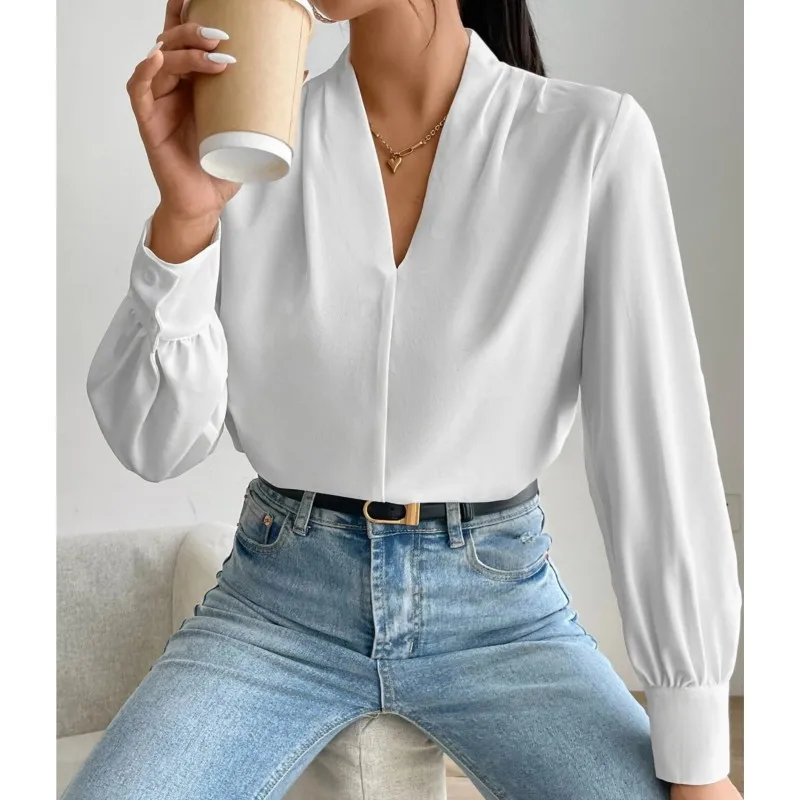 2024 Spring and Autumn Winter New Office Women\'s Long Sleeve Shirt Design Sense V-neck Solid Color Loose Top Autumn Shirt