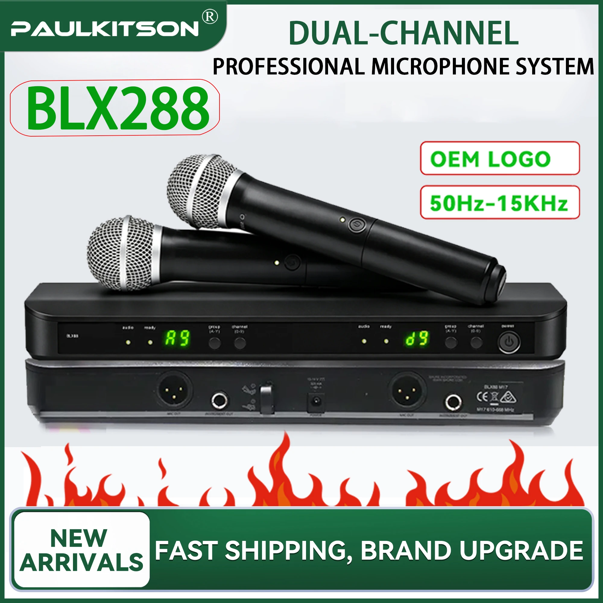 Paulkitson BLX288 Zweikanal-Funkmikrofonsystem 50Hz-15KHz Klarer Klang Dynamisches Mikrofon für Bar, Heimparty, Hochzeit, Event