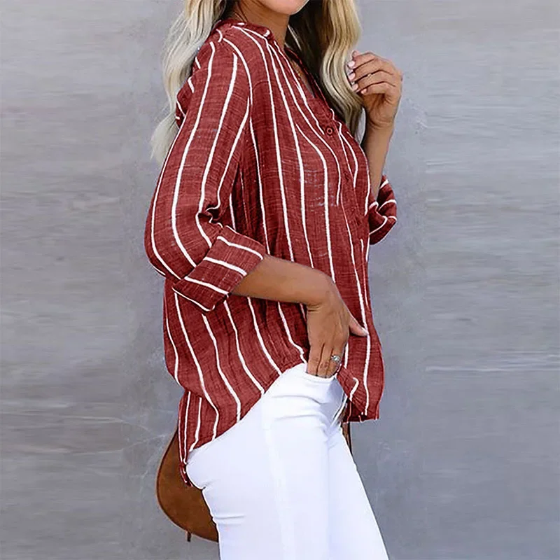 Camisas largas listradas largas para mulheres, blusas da moda vintage, tops jovens elegantes, casual, outono