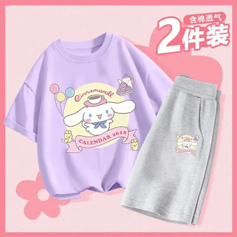 Traje deportivo Sanrio Cinnamoroll para niños, camiseta de dibujos animados Kawaii, conjunto de pantalones cortos, ropa deportiva informal para