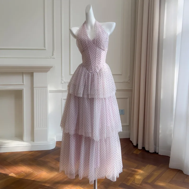 VIBE French Style Polka Dot Flocked Mesh Dress Backless Halter Neck Vacation Dress Puffy Tube Top Cake Dress 2025