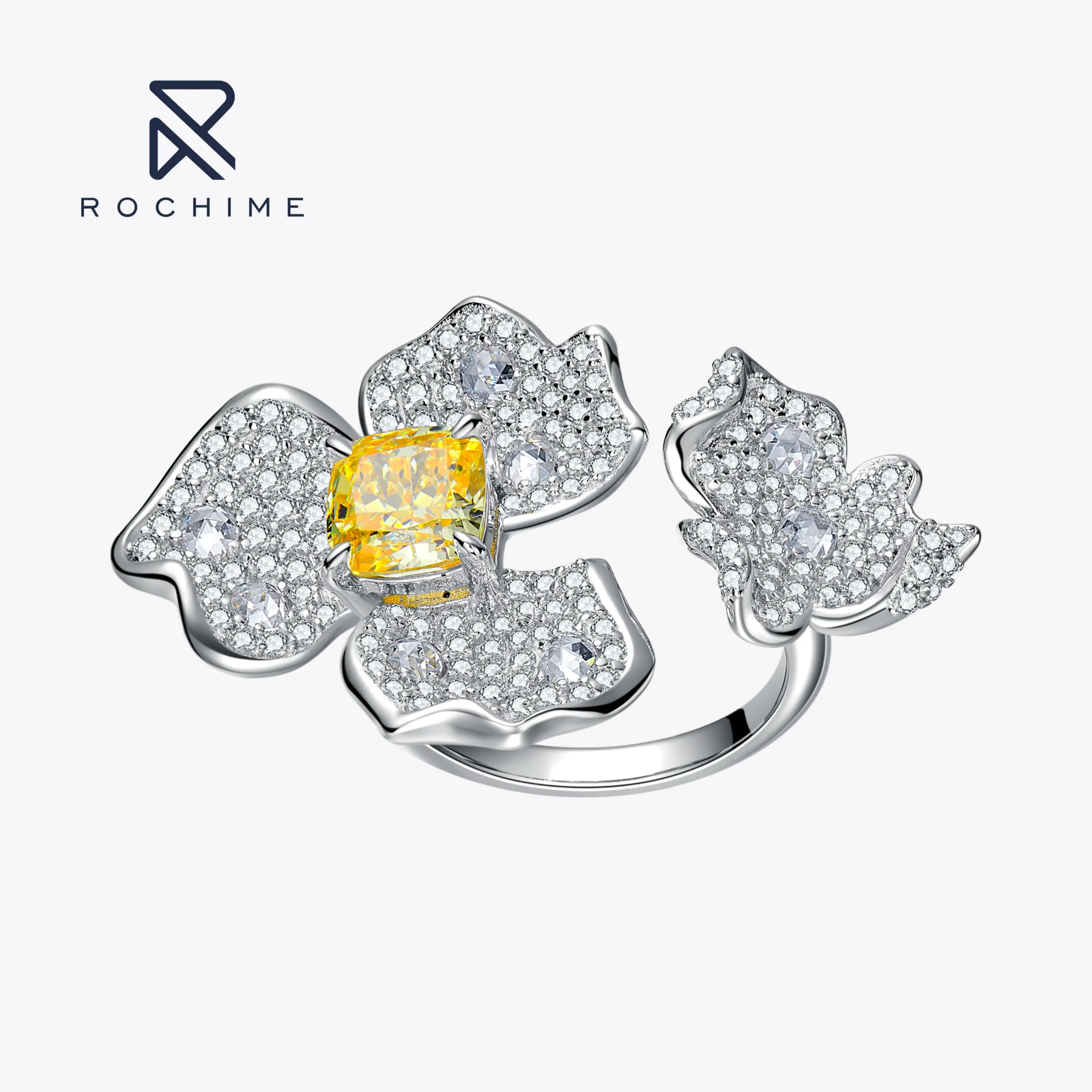 Rochime-Anillo de Plata de Ley 925 con forma de racimo de flores para mujer, sortija de diamante amarillo ajustable, joyería chapada en oro