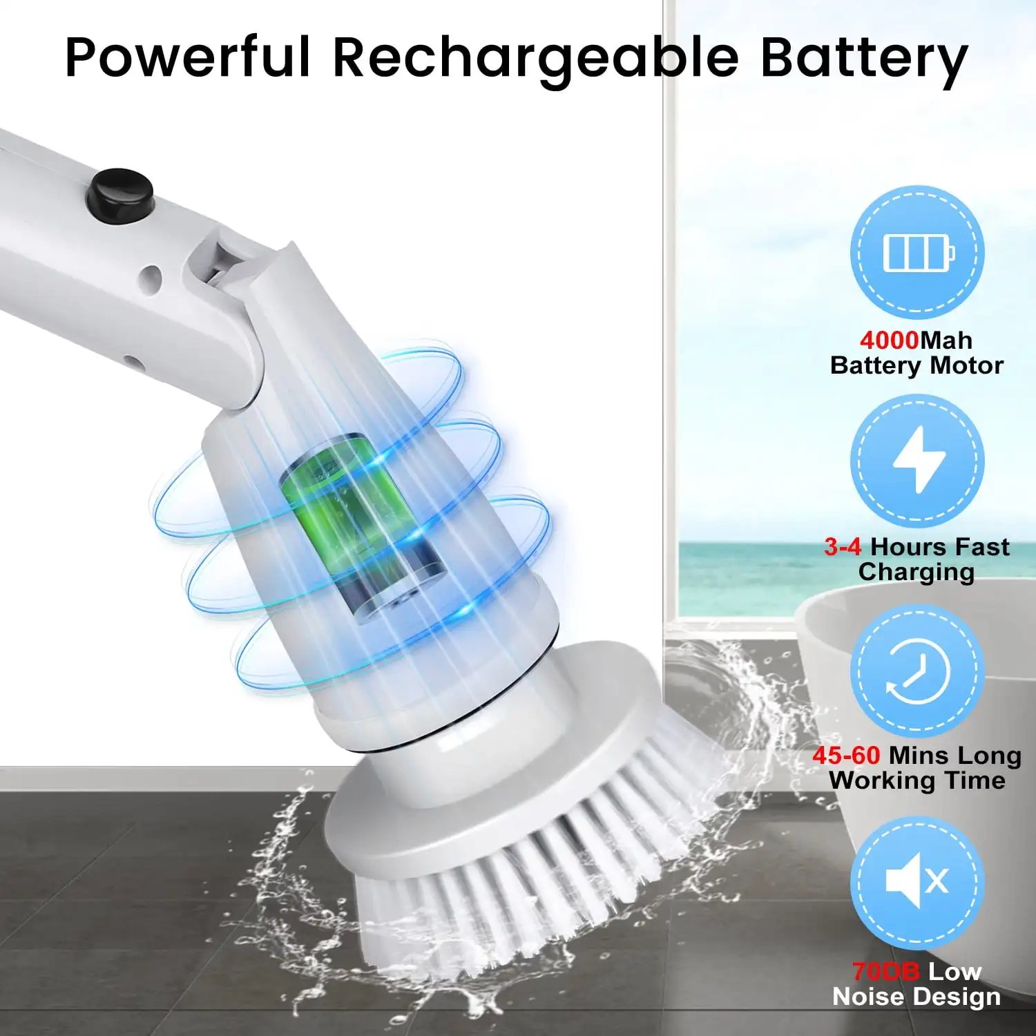 Electric Spin Scrubber , Cordless Cleaning Brush with 4 Heads & Extension Handle Power Shower Scrubber for Bathroom