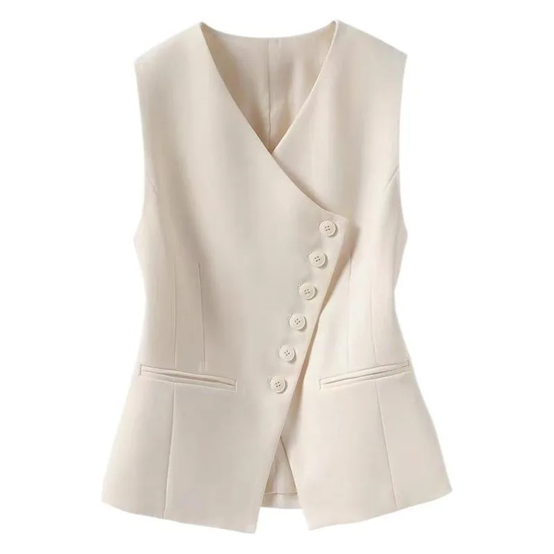 Kurze Ärmellose Damen-Blazer-Weste Modische Schlanke Passform Oberbekleidung V-Ausschnitt Polyesterfaser Einfarbig Lässiger Business-Stil