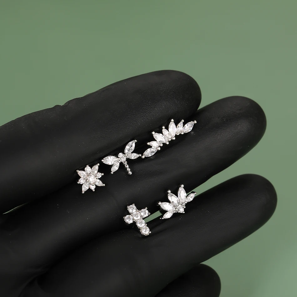 1 Stück Stahl & Kupfer Zirkon Flacher Ohrstecker Blumen-Design für Ohrläppchen Helix Tragus Knorpel Medusa Piercings Damenschmuck 16G – Detail 9