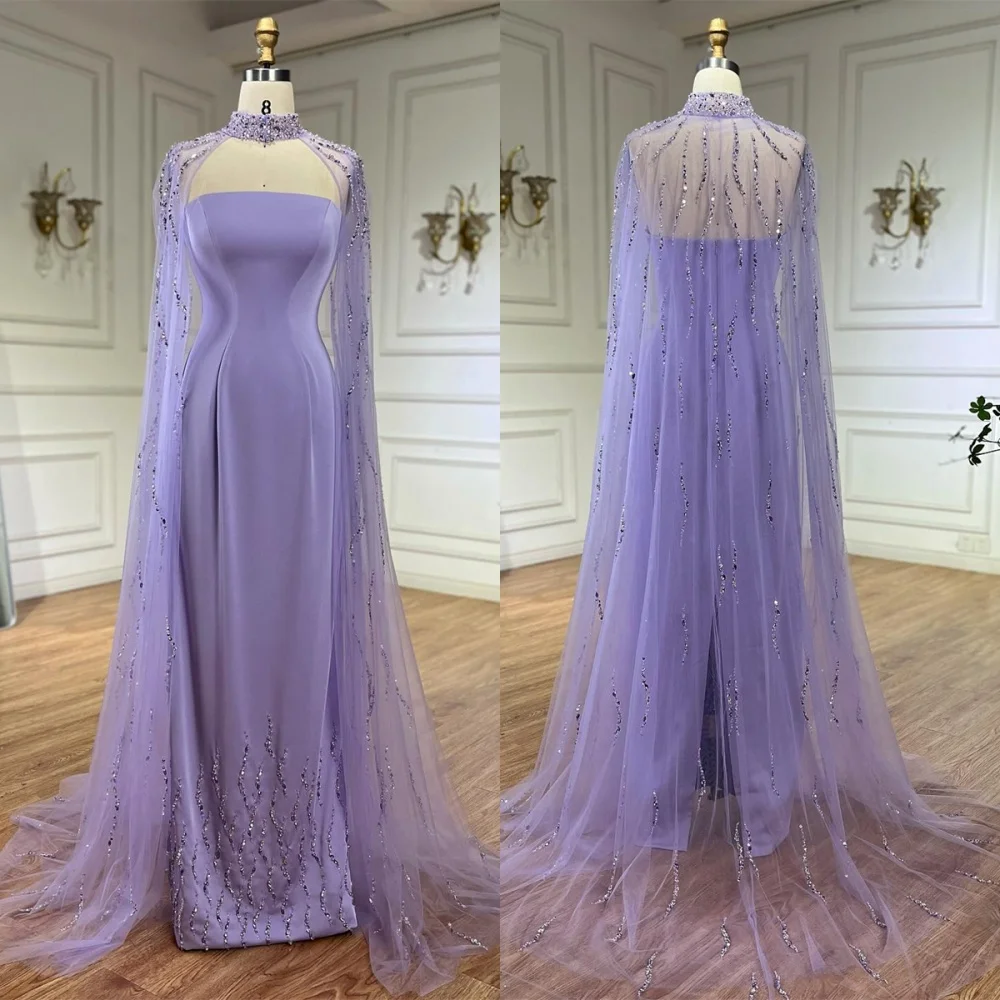 

Customized Delicate Light Purple Jersey Evening Dress Classic High Neckline Shawl Zipper Back Mermaid Special Occasion Gowns