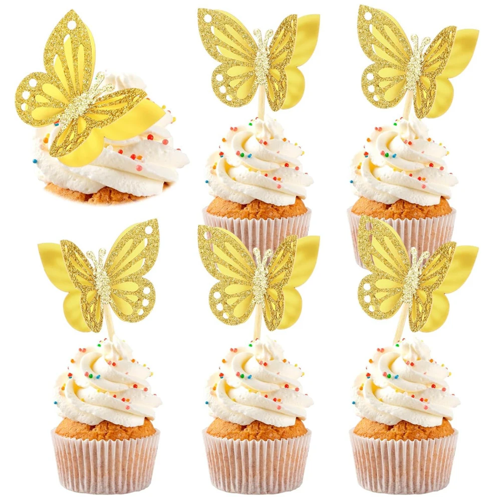 12 Stück 3D-Cupcake-Topper mit mehrfarbigen Schmetterlingen für Babyparty, Geburtstag, Hochzeit, Party, Kuchen, Dessert, Backen, Dekorationen