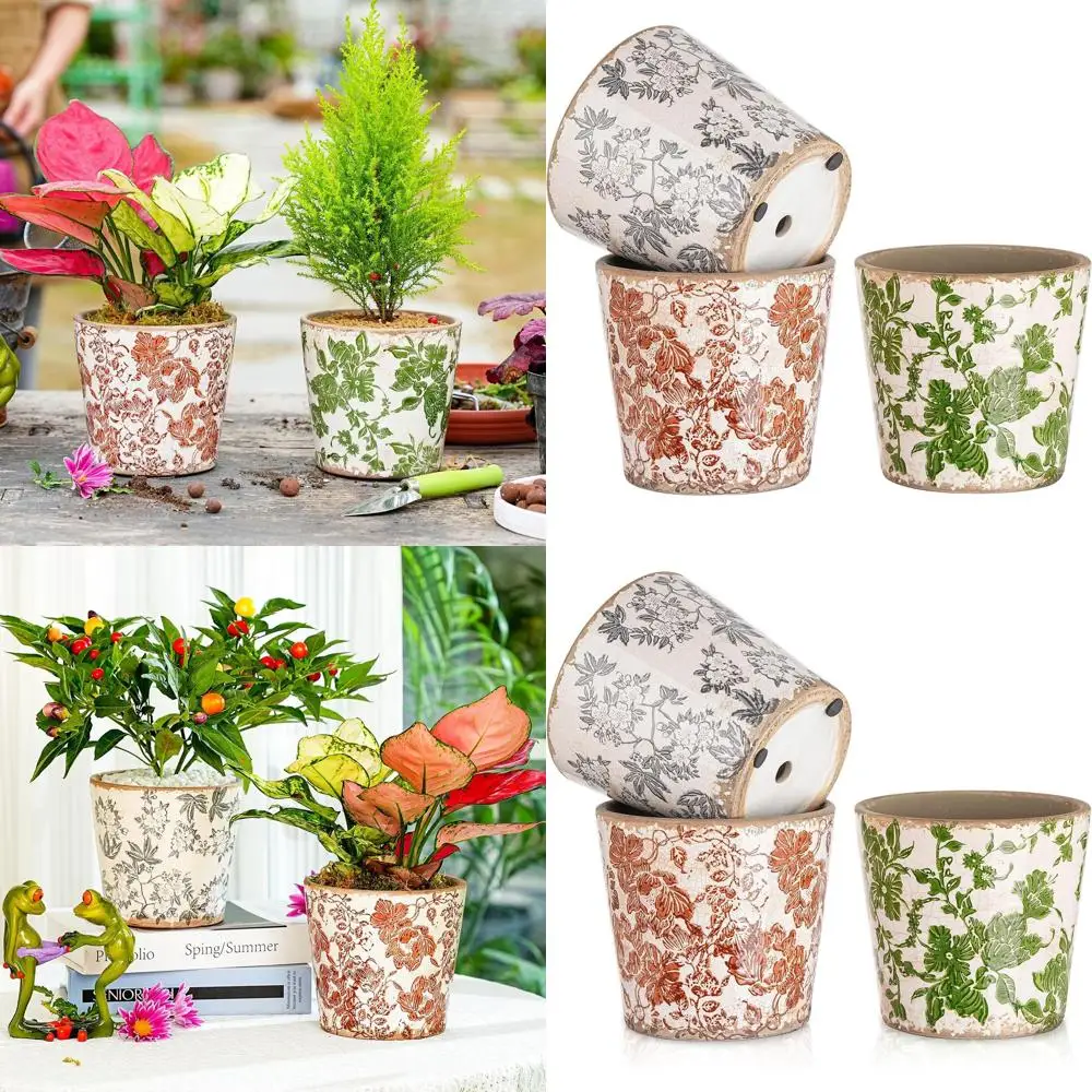 

Set of 3 Vintage-Style Tuscan Decorative Pots with Drainage Holes, Suitable for Indoor and Outdoor Use, 5.5 Ice Crackle Glaze Pl