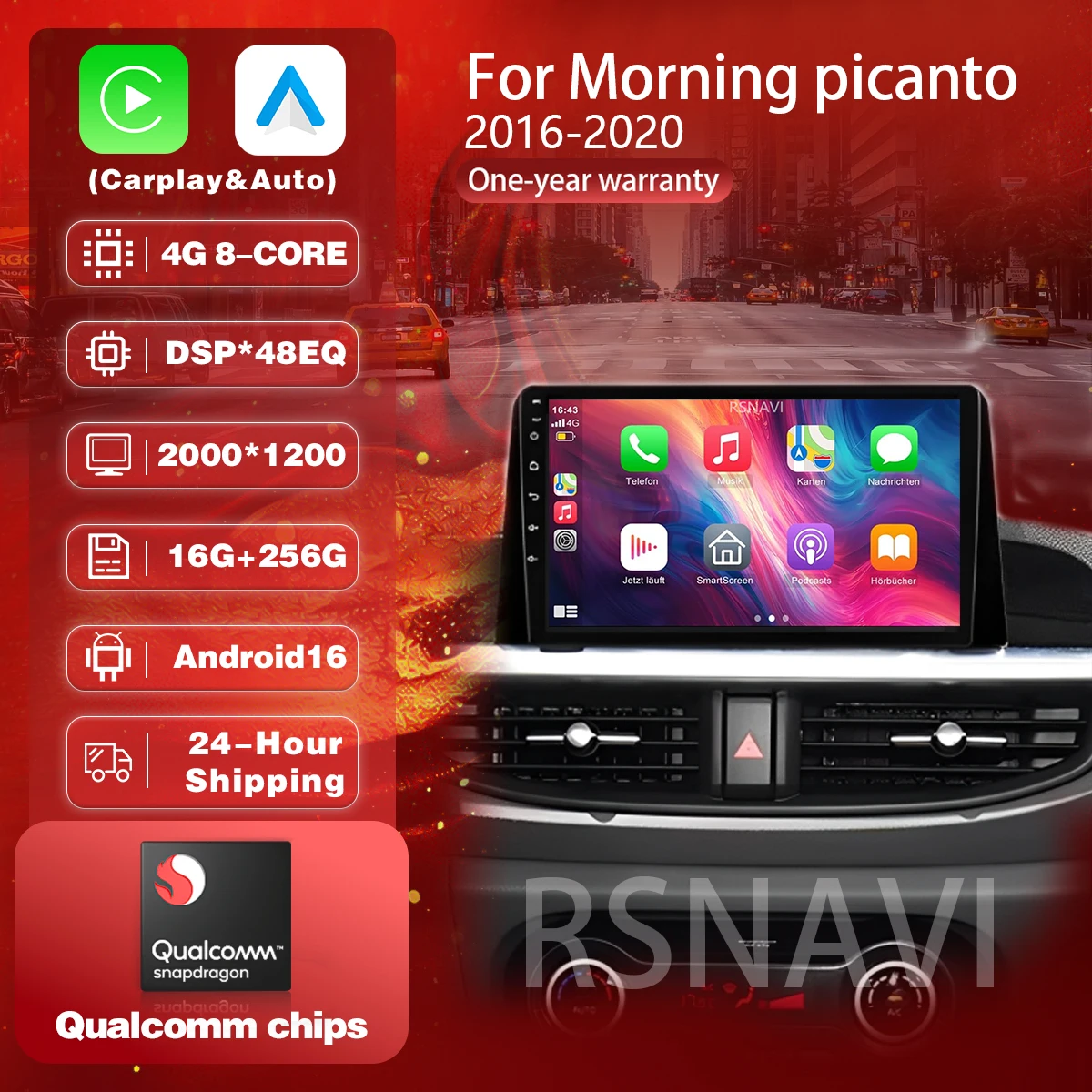 Qualcomm Android 16 Carplay Auto Car DAB+ Navigation Radio Multimedia Player For Kia Morning 3 Picanto 2017-2020 2din Head Unit