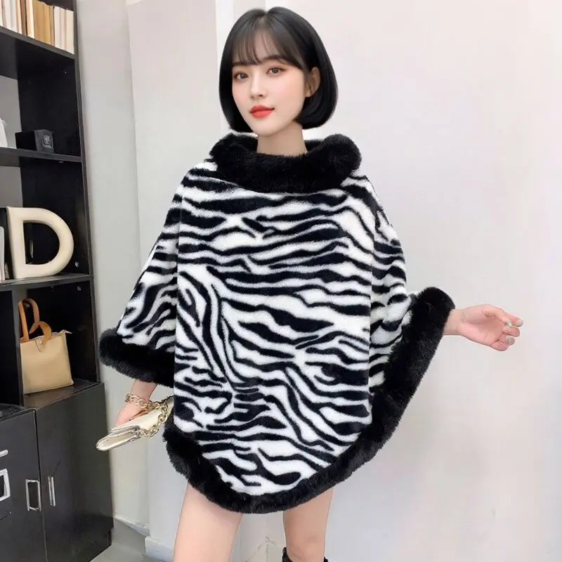 2025 Autumn New Fashion Faux Rabbit Fur Poncho Coat Winter Warm Thick Pullover Cloak Women Zebra Pattern Cape Y2K Streetwear