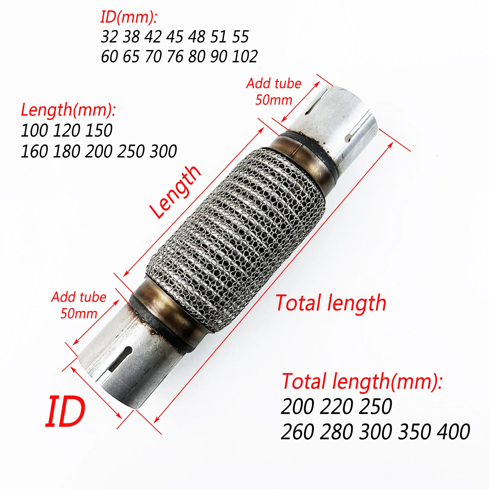 ID32-102MM Lenght 200-400MM High Performance 304 Stainless Steel Exhaust Hose and Flexible Exhaust Hose Accessories