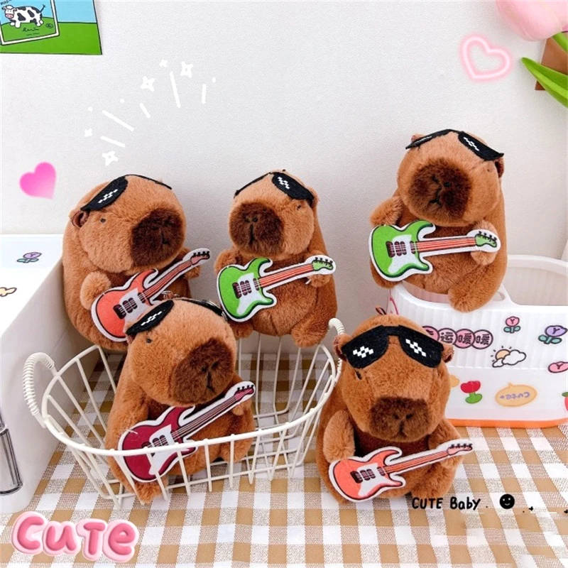 Guitar Kapibala Plush Toy Cartoon Capybara Pendant Soft Stuffed Doll Keychain Car Key Ring Backpack Bag Decor