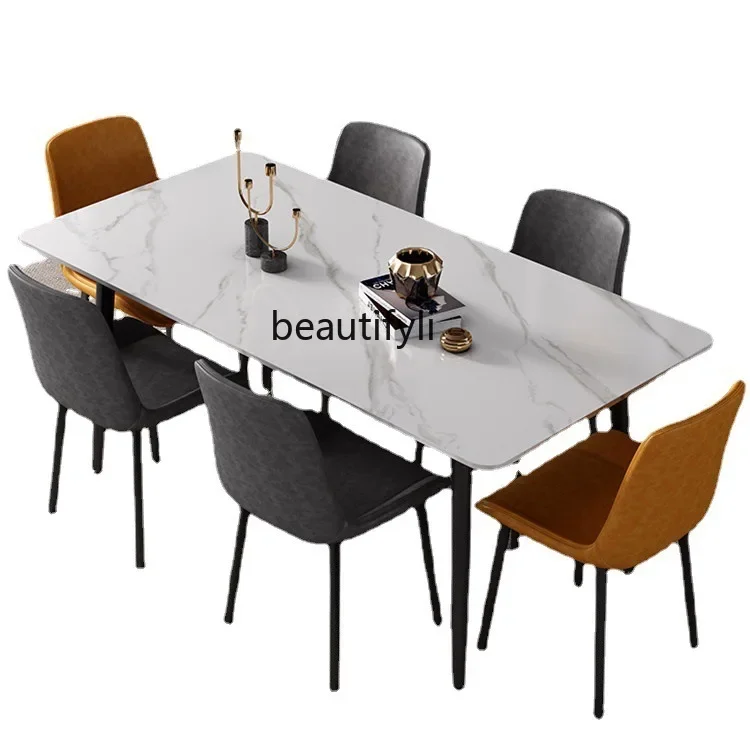 

Light luxury bright rock slab dining table and chair combination modern household rectangular dining table