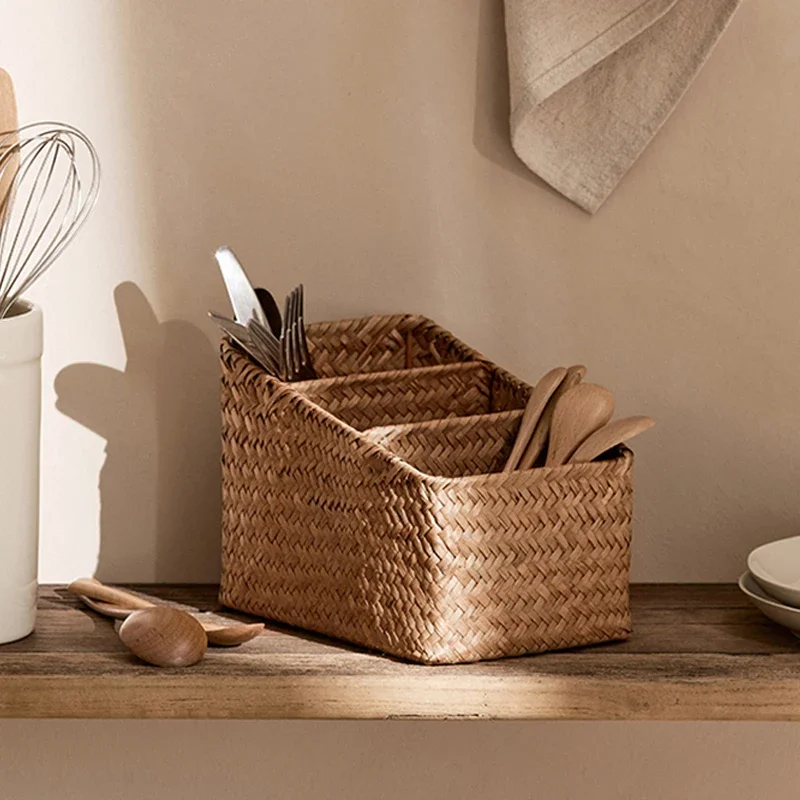 Seagrass Woven Storage Basket Cosmetics Desktop Coffee Table Sundries Storage Box Kitchen Storage Basket Organize Container