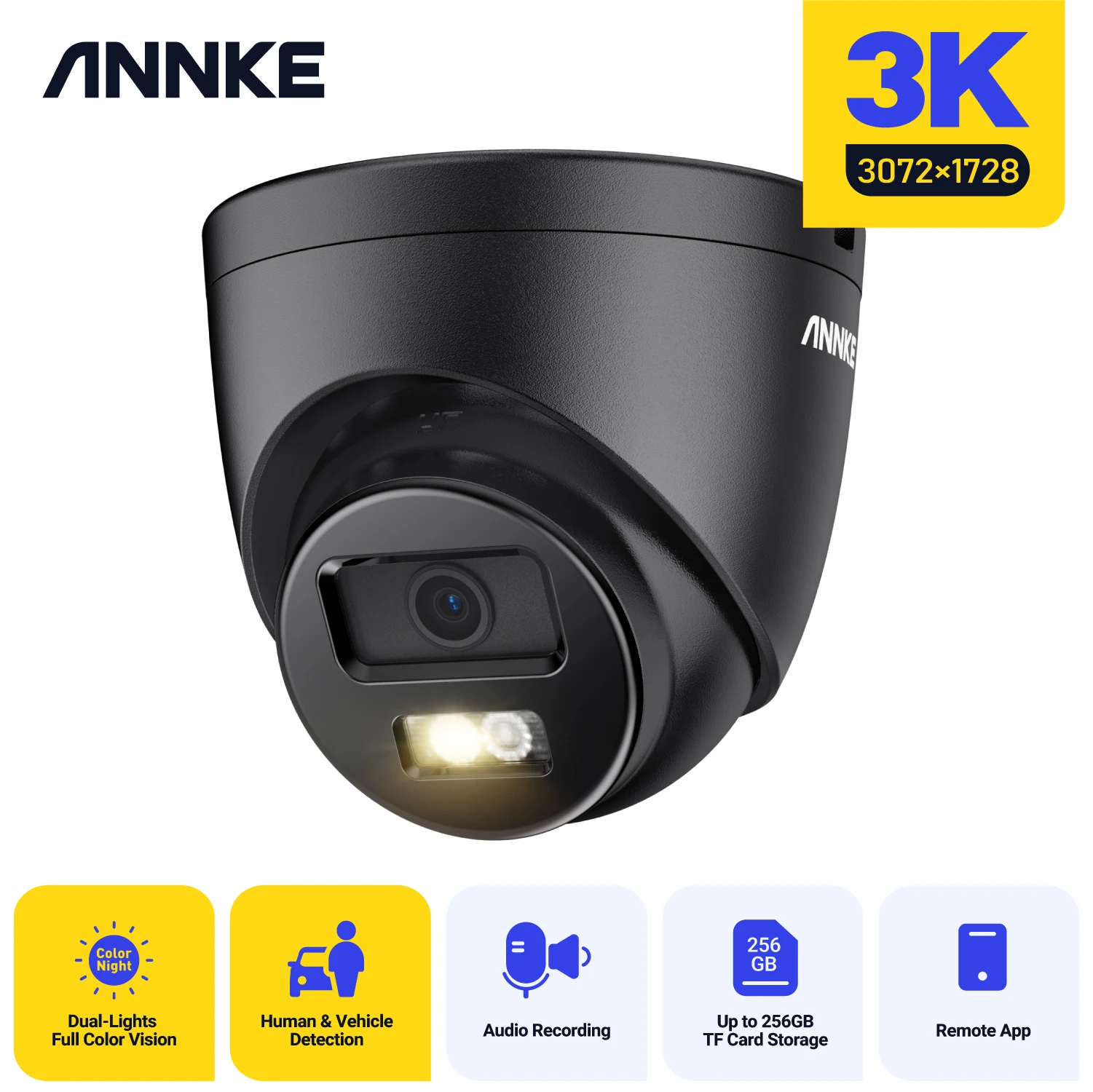 ANNKE 3K(5MP) Network POE IP Camera Black Turret Camera Indoor Outdoor  with AI & smart dual light & Microphone