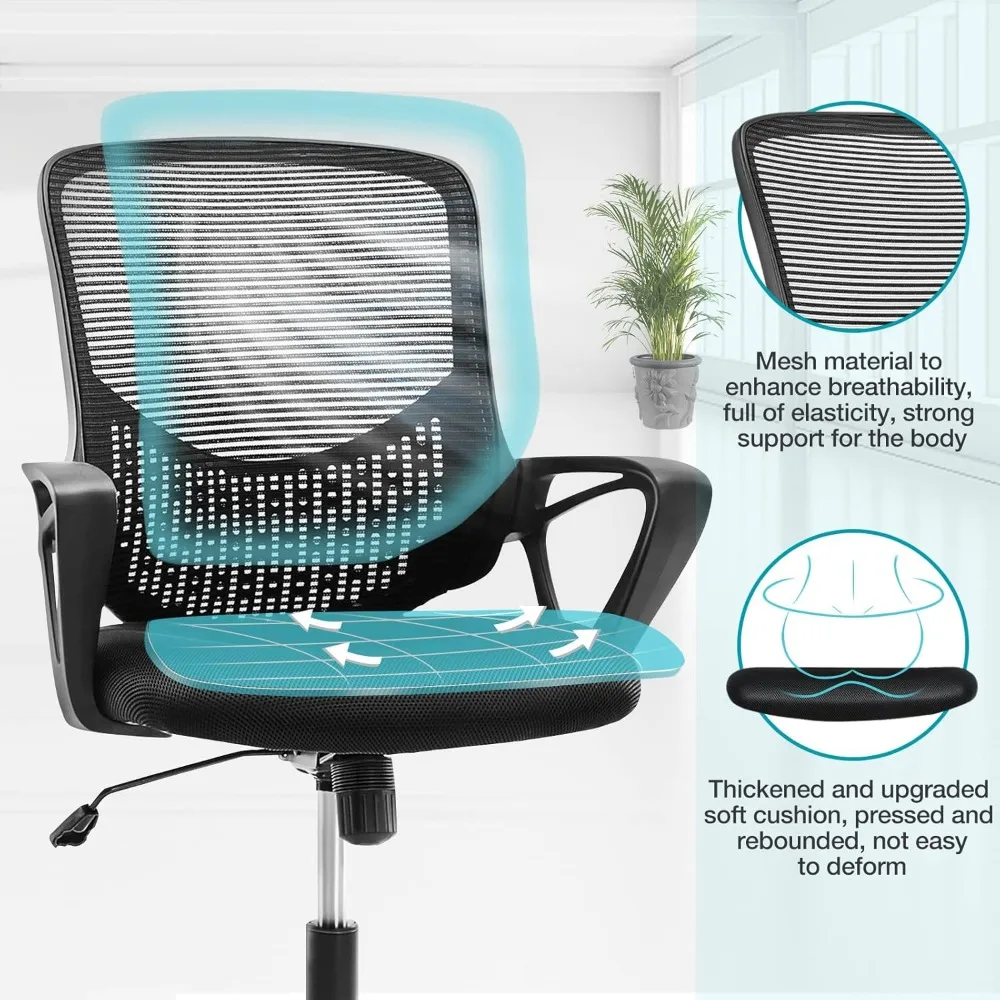 كرسي مكتب شبكي مريح متوسط الظهر مع دعم قطني ومساند للذراعين الثابتة وعجلات للاستخدام المنزلي