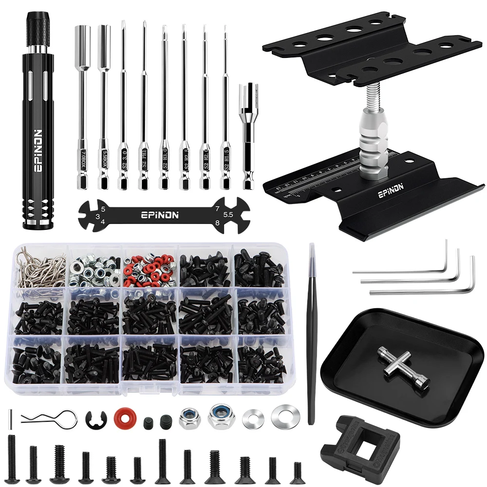 EPINON RC Car Repair Work Stand Repair Tool Set 360 Degree Rotation and 520 Pcs RC Screws Kit and RC Screwdrivers and Screws Pallet for 1/8 1/10 1/12 1/16 1/18 RC Car Crawler Truck Buggy