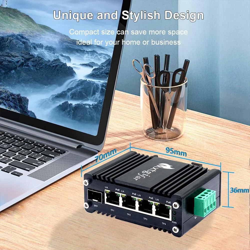 

Industrial 4-Port Gigabit Ethernet (PoE) Switch with SFP Din-Rail 10/100/1000Mbps Optical Fiber Switch 12-48VDC Input