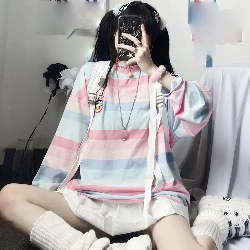 spring korean cute pink stripe t shirt Casual oversized embroidery Bottoming T-Shirts Women Long Sleeve student tops y2k clothes