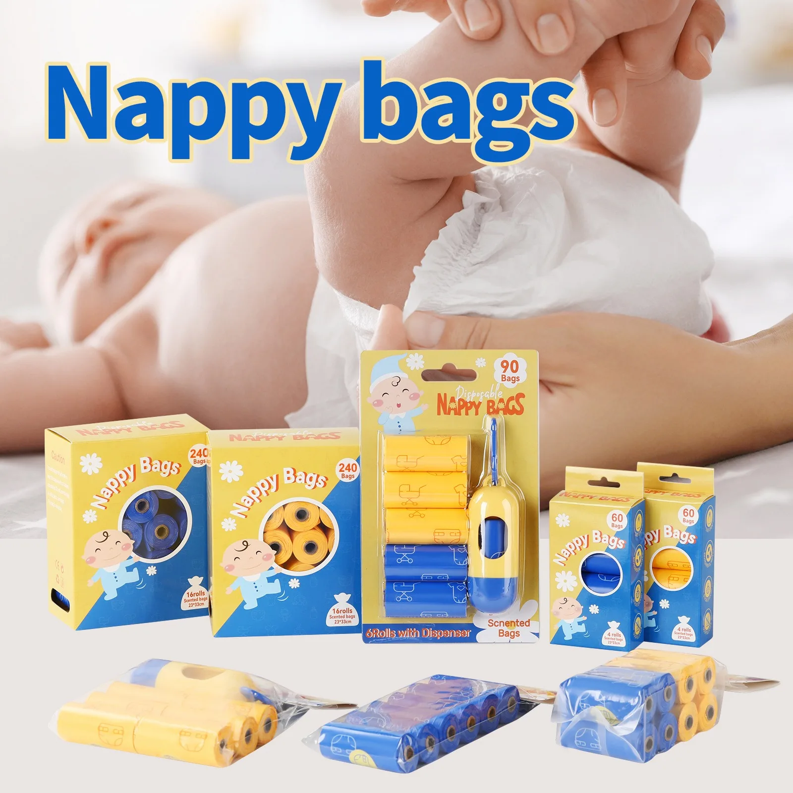 Disposable Diaper Disposal Bags, Scented Nappy Bags, Leakproof Small Bags for On-the-Go Travel