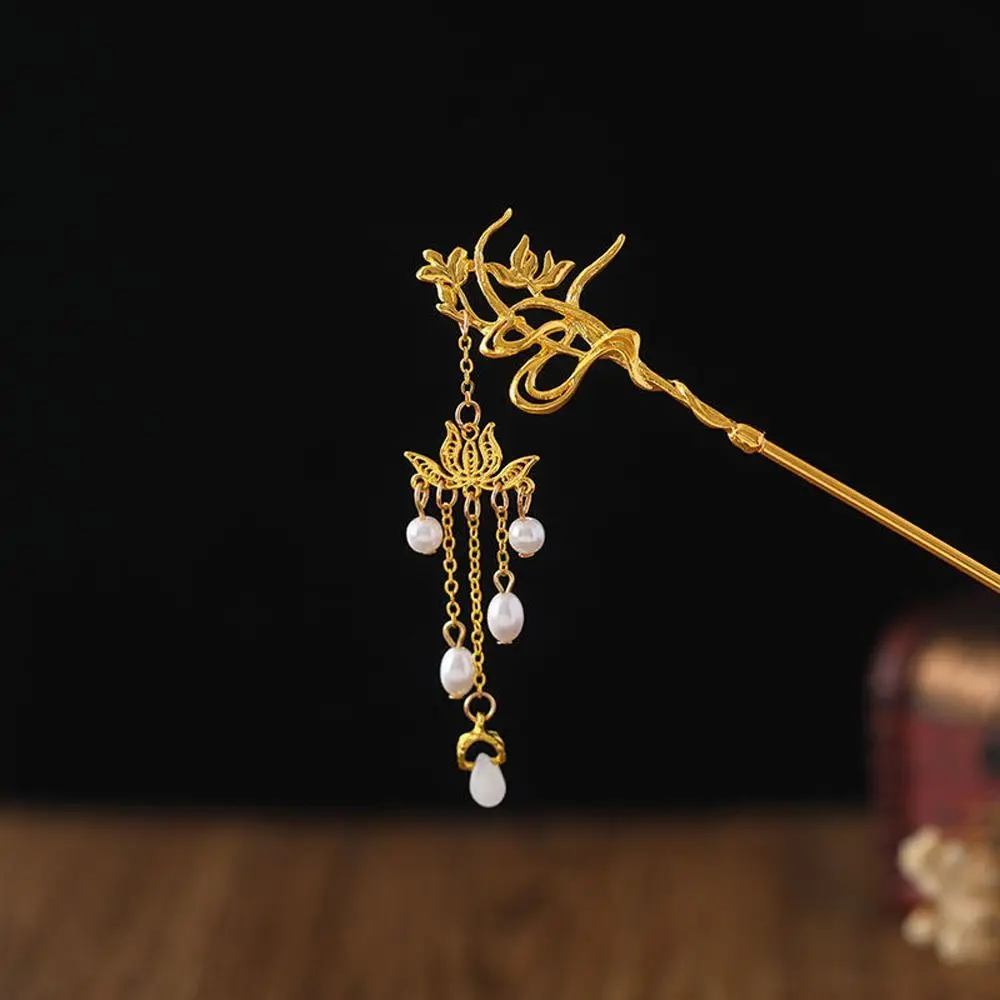 

Elegant Fashion Lotus Pearl Tassel Alloy Hair Fork Women Hair Stick Hairpin Chinese Style Hair Clasp