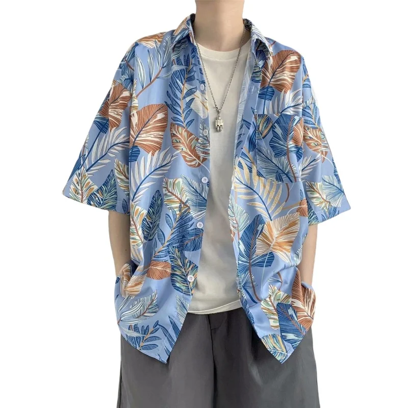 Summer Men's Retro Short Sleeve Floral Shirt Harajuku Loose Hawaiian Flower Shirt Beach Sun Protection Clothing Half Sleeve Top