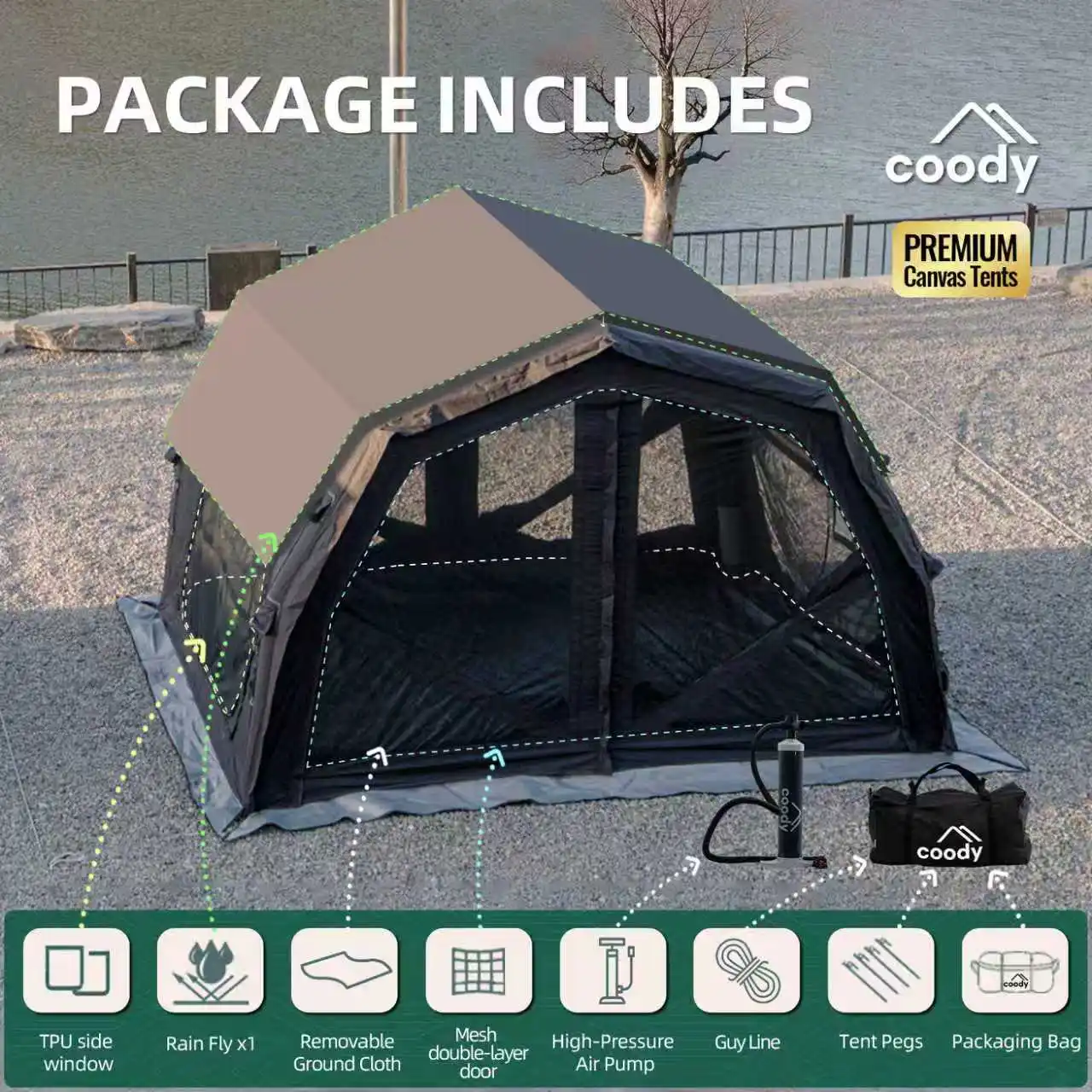 

Надувная палатка Coody 10.0 Pro Air Tent-Black из хлопковой ткани, новинка, для кемпинга на открытом воздухе, на 2-4 человека