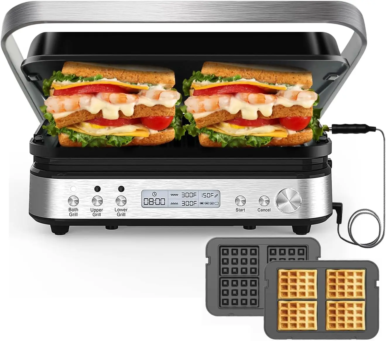 Sandwich Maker with Removable Plates, 6 in 1 Indoor Grill & Griddle with Meat Thermometer, CATTLEMAN CUISINE