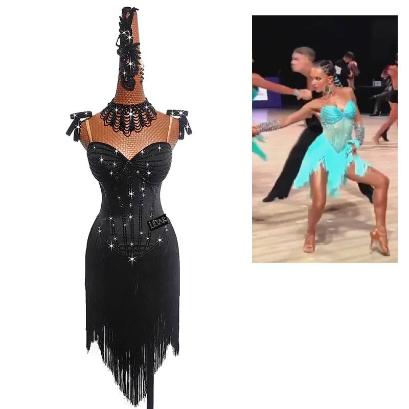 New Latin Dance Competition Performance  Black Fringe Female European And American Sexy High-Grade Dance Dress