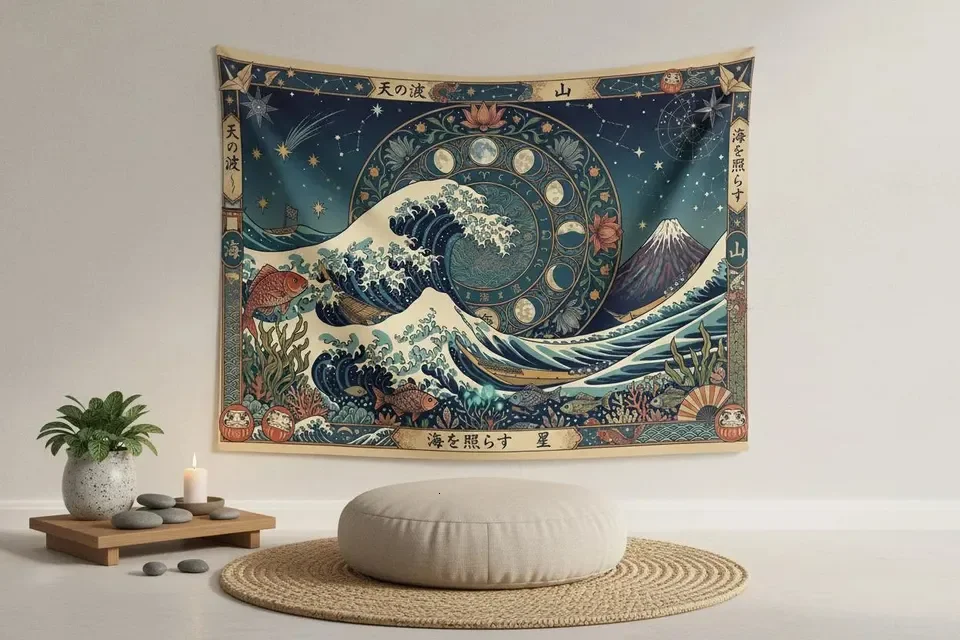 VIKAMA Kanagawa Wave Moon Phase Tapestry Japanese Ukiyo-i Background Decorative Wall Cloth Room Decoration W260821