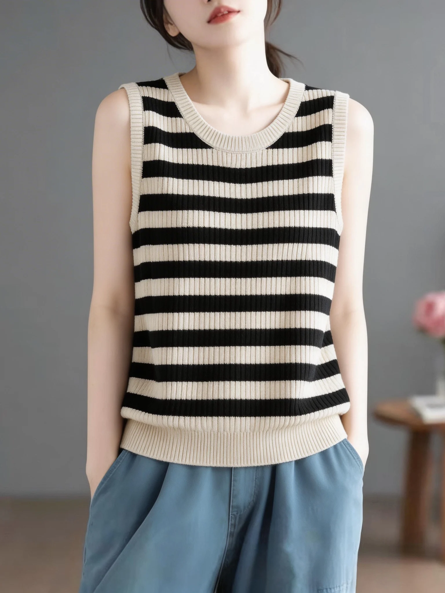 

Ice Silk Strap Vest Women's Stripe Thin T-Shirt Top Casual Loose Fit Soft Knitted Summer Outerwear round Neck No Sleeve