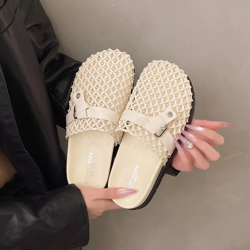

2026 Summer New Luxury Women's Sandals Brand Designer Lightweight Round Toe Slippers Rhinestone Flat Sandals Women's Sandals