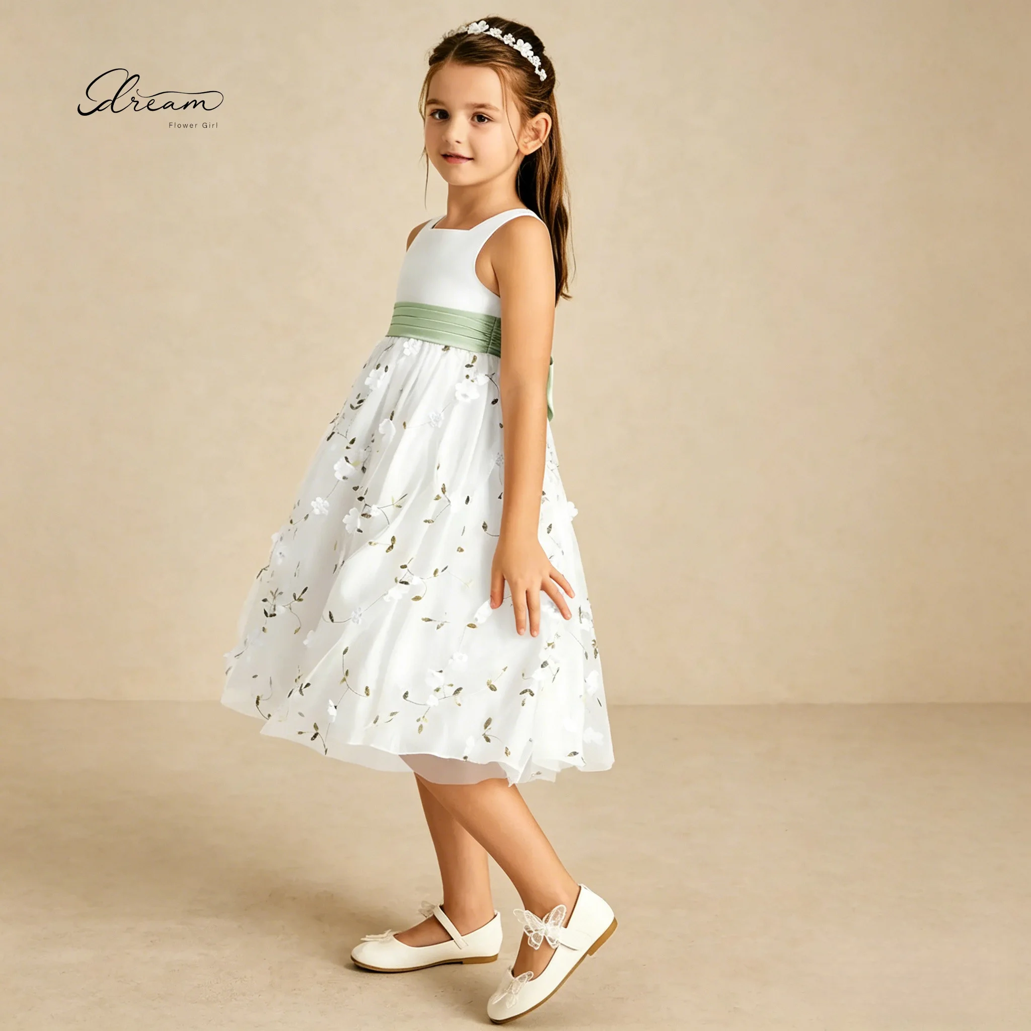 White Flower Brithday Formal Dress Girl Dress Sage Green Sash 3D Floral Embroidery Knee-Length Kids Wedding Party Gown Bow view 5