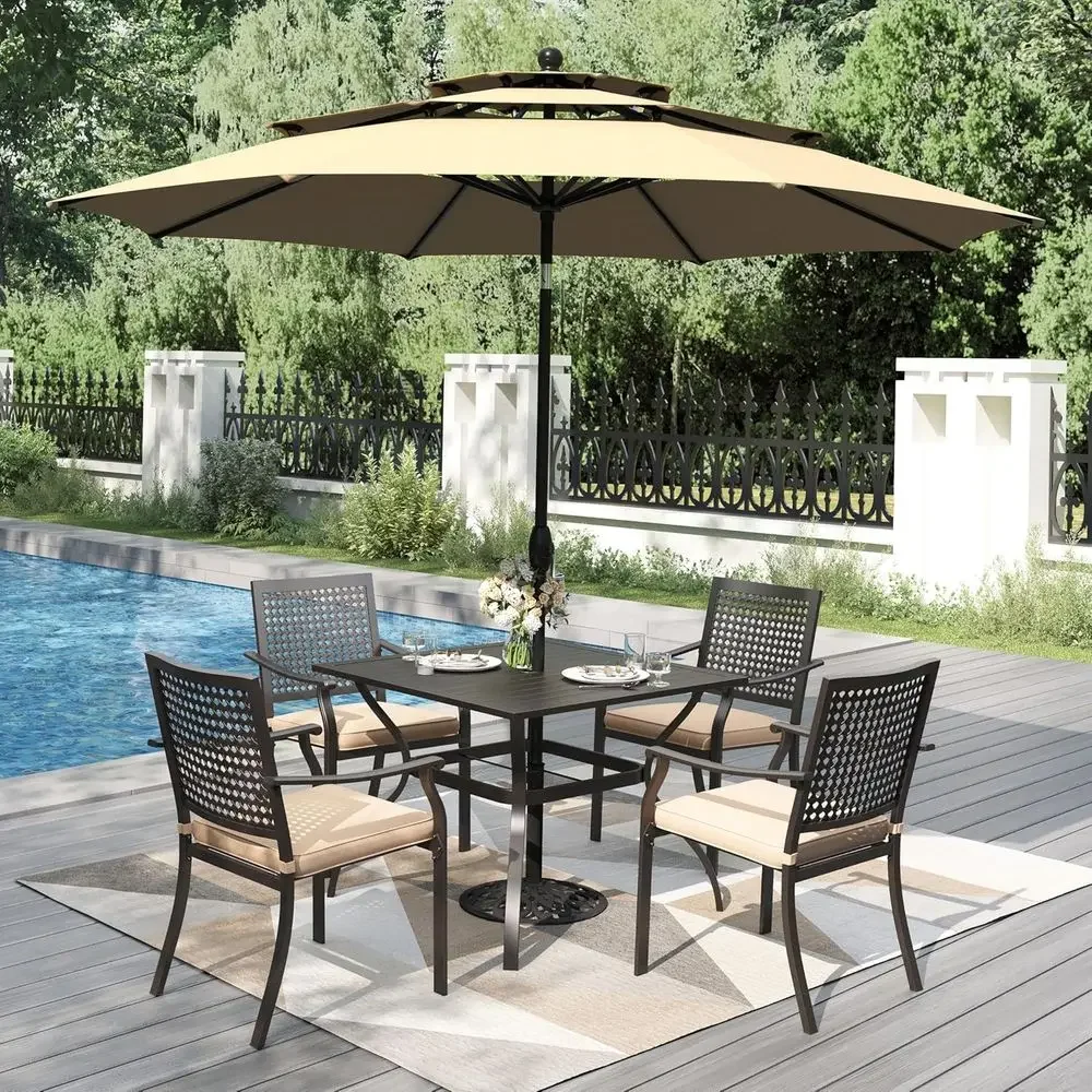 

Promotion PriceSpecial Offer5 Pieces Outdoor Dining Set Or 4 With 10t Umbrella, 37" Metal Square Table & Stackable Wrought Iron