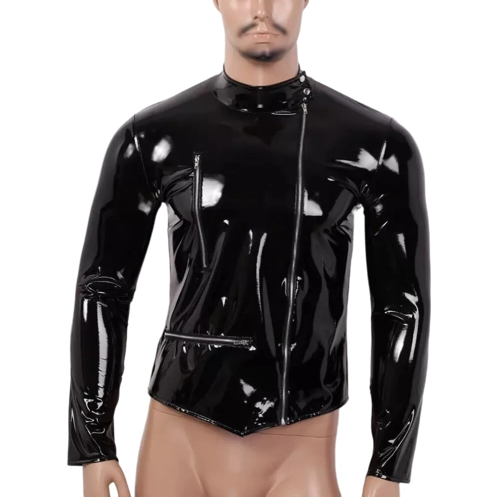 Men's Shiny Patent Leather Jacket, Sexy Latex Shirt, Sissy Erotic Shaping Sheath, Latex Casual Coat, Glossy Top, 7XL