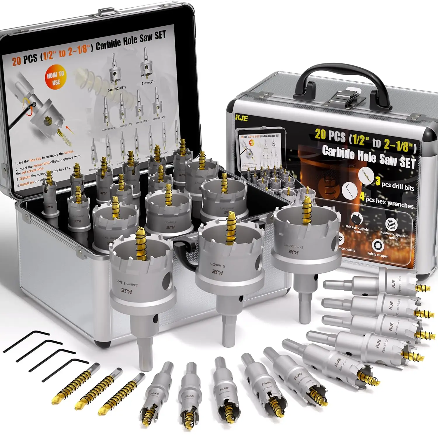 

20 in 1 Heavy Duty TCT Hole Saw Kit for Metal, Includes Titanium Pilot Drills & L-Wrenches, Ideal for Stainless Steel/Iron