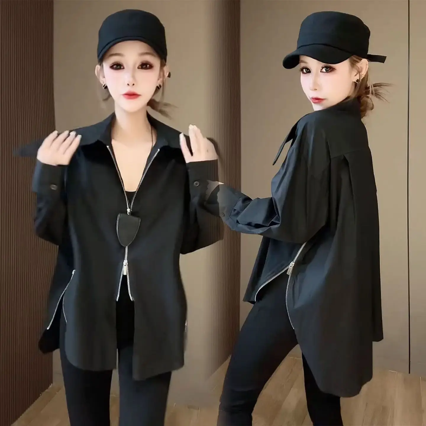 

Black Zipper Shirt Coat Women's Spring Autumn 2026 New Lazy Wind Long-sleeved Loose Wild Overwear High-quality Top Ladies