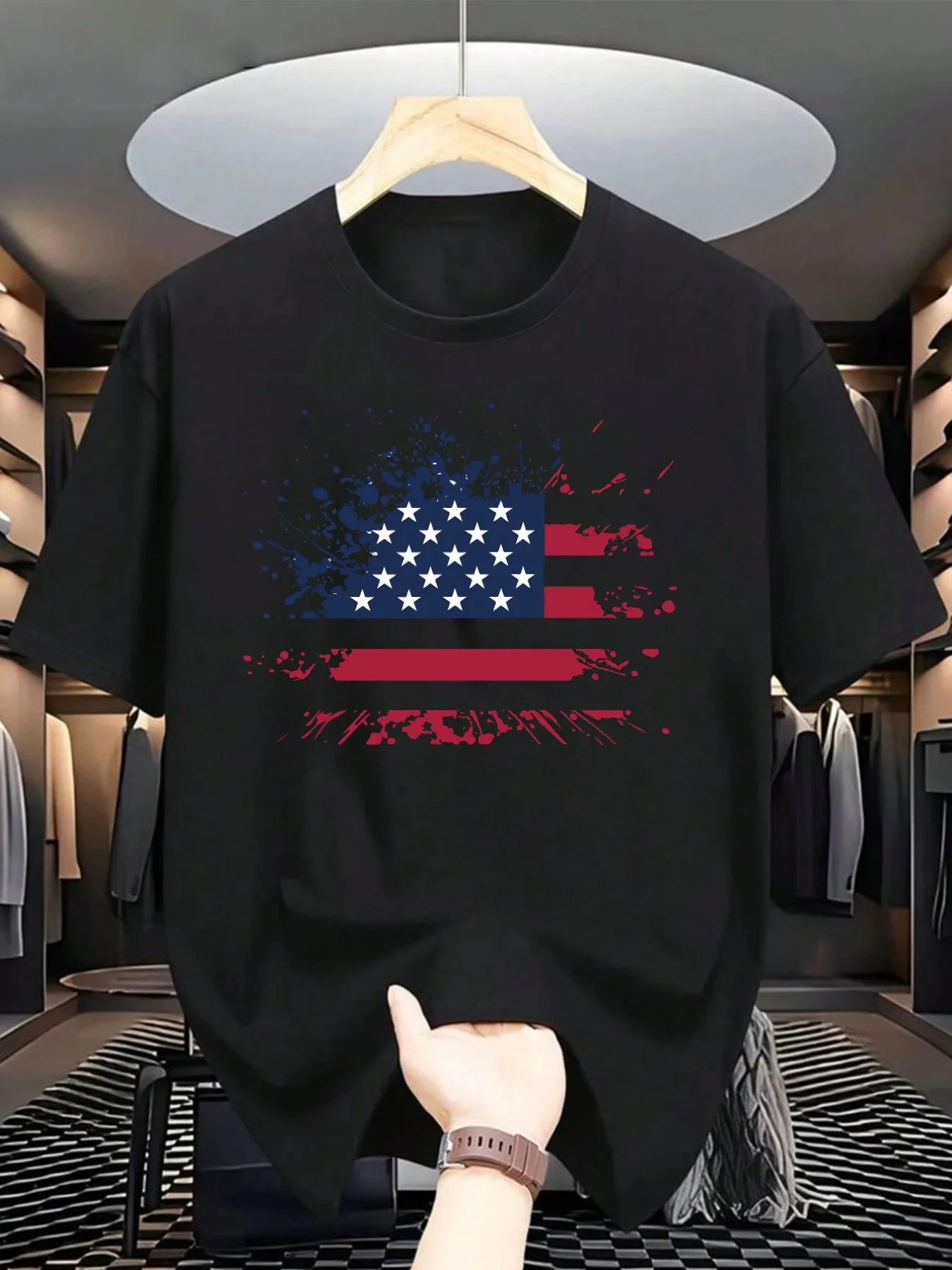 

Men's American Flag T-Shirt with Red, White, and Blue Stars on a Dark Background with a Worn Effect, 100% Pure Cotton, Soft, Breathable, Loose Fit, Suitable for July 4Th Independence Day and Year-Round Patriotic Casual Wear, Machine Washable, Hip-Hop Styl