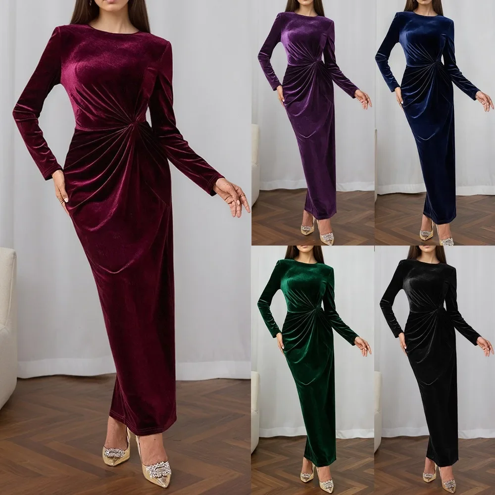 Women Luxury Matte Velvet Evening Dress, Round Neck Long Sleeve Twist Knot Waist Maxi Gown, Flattering Dress for Banquet Dinner