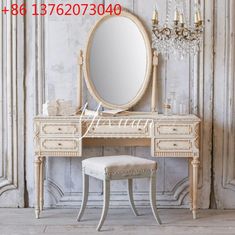 

European antique white solid wood carving flower dresser, makeup table