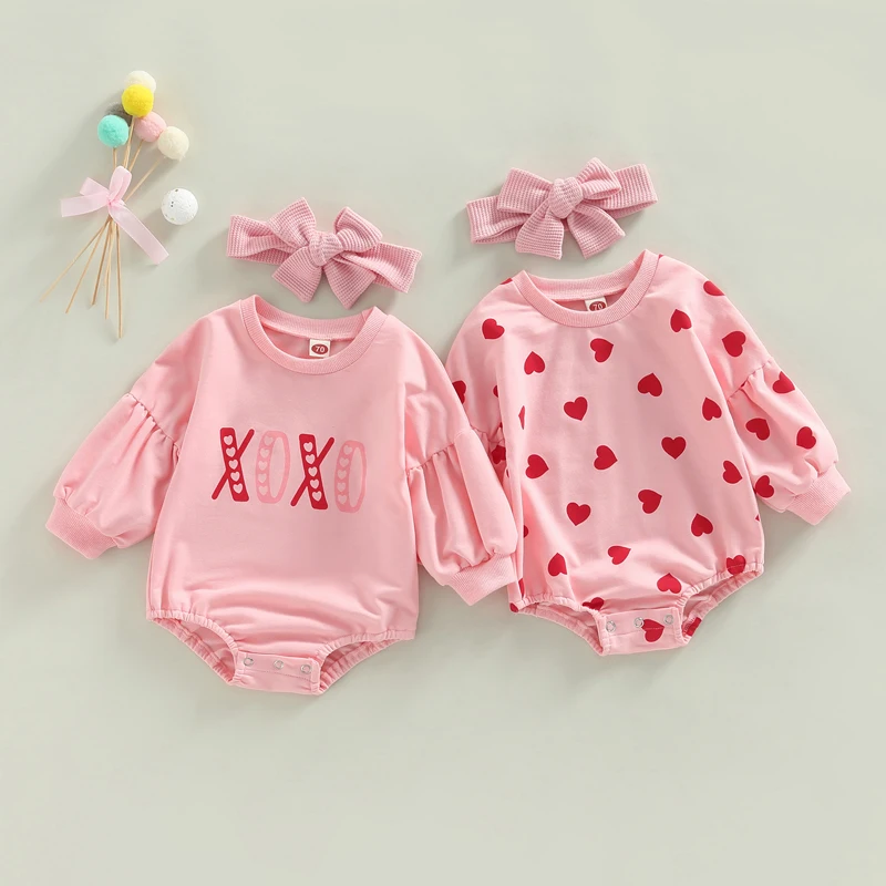 Infant Baby Girls Romper Letter/Heart Print Round Neck Long Sleeve Jumpsuits Autumn Casual Bodysuits with Headband, 0-24Months