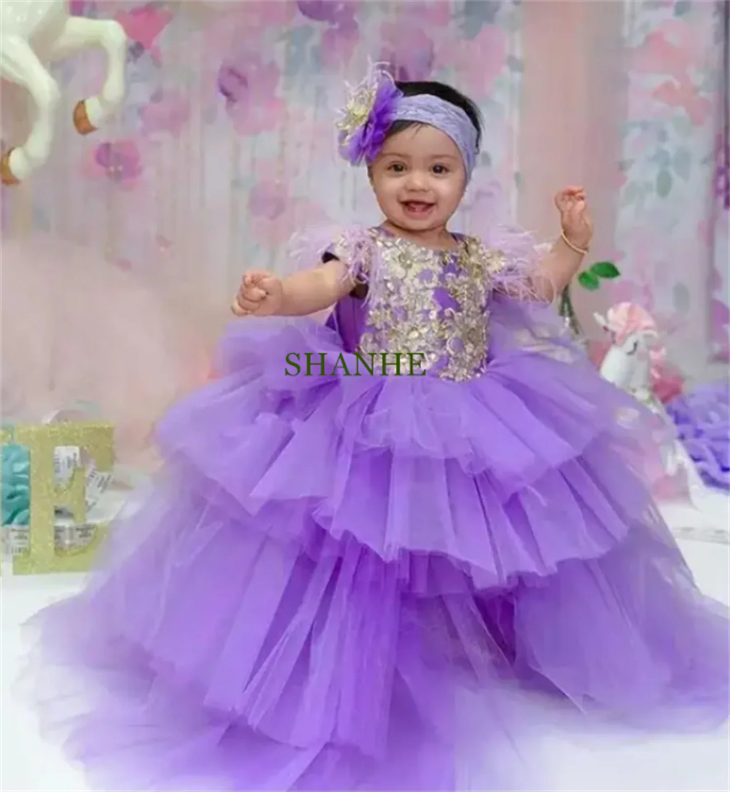 

CustomizedNew Purple Flower Girls Dresses O Neck Cap Sleeve Lace Ball Gown Birthday Party Sweet Girls Special Pageant Gowns