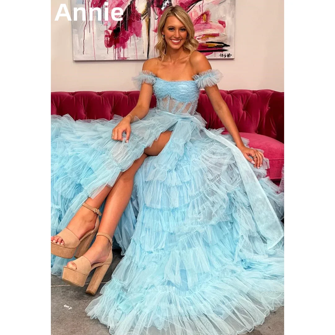 

Annie Light Blue Prom Dresses Multiple Layers Of Tulle Evening Dress Off-the-shoulder Side Slit Corset Wedding Party Dress