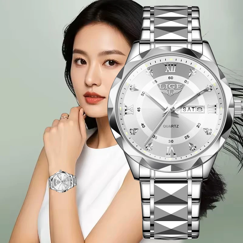 

LIGE Diamond Watches For Women Creative Round Stainless Steel Waterproof Luminous Ladies Watch Casual Women's Quartz Wristwatch