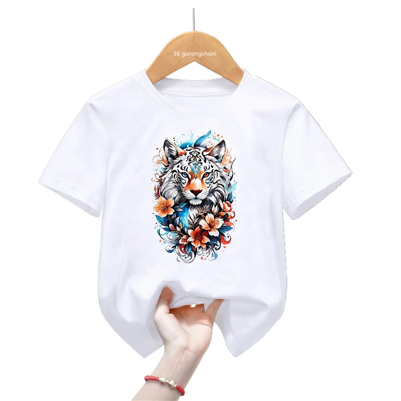 Tigre Aquarela e Flores Animal Estampado T-shirt para crianças, roupas Harajuku, Tops Kawaii para meninas e meninos, moda, verão