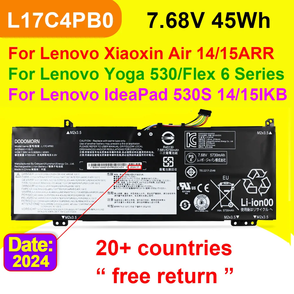 

L17C4PB0 For Lenovo Yoga 530 14IKB Ideapad 530S 15IKB Xiaoxin Air 14ARR 15ARR Laptop Battery L17M4PB0 L17C4PB2 45Wh 7.68V